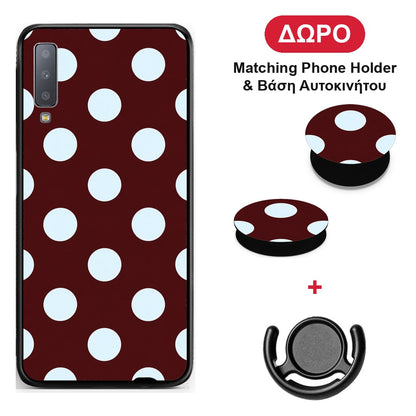Pale Blue Large Polka Dots on Burgundy - Samsung Galaxy A7 2018 θήκη + Δώρο Phone Holder & Βάση Αυτοκινήτου