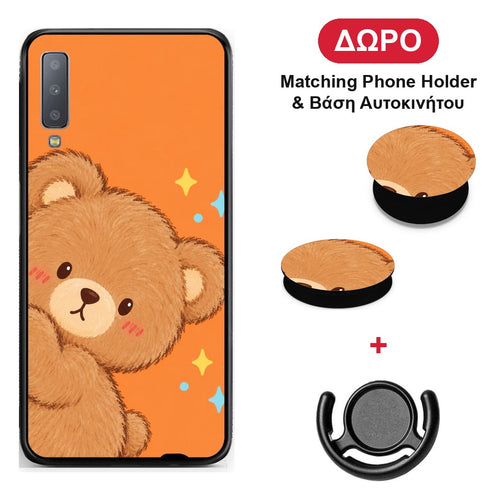 Peekaboo Teddy on Orange - Samsung Galaxy A7 2018 θήκη + Δώρο Phone Holder & Βάση Αυτοκινήτου
