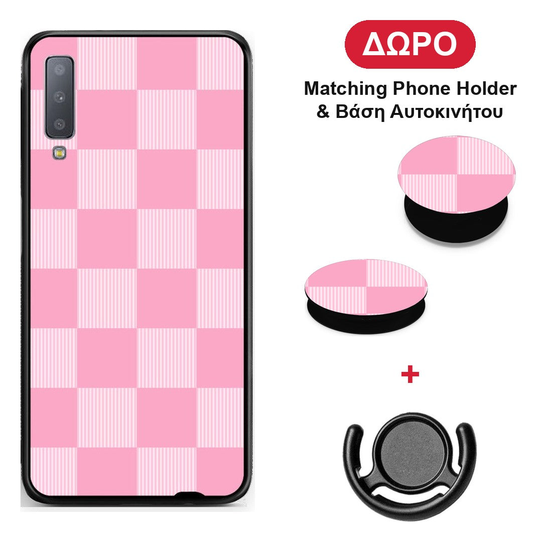 Pink and White Striped Checks - Samsung Galaxy A7 2018 θήκη + Δώρο Phone Holder & Βάση Αυτοκινήτου
