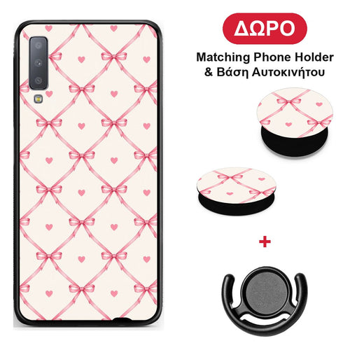 Pink Bow Lattice and Hearts on Cream - Samsung Galaxy A7 2018 θήκη + Δώρο Phone Holder & Βάση Αυτοκινήτου