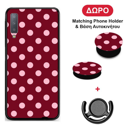 Pink Polka Dots on Burgundy - Samsung Galaxy A7 2018 θήκη + Δώρο Phone Holder & Βάση Αυτοκινήτου