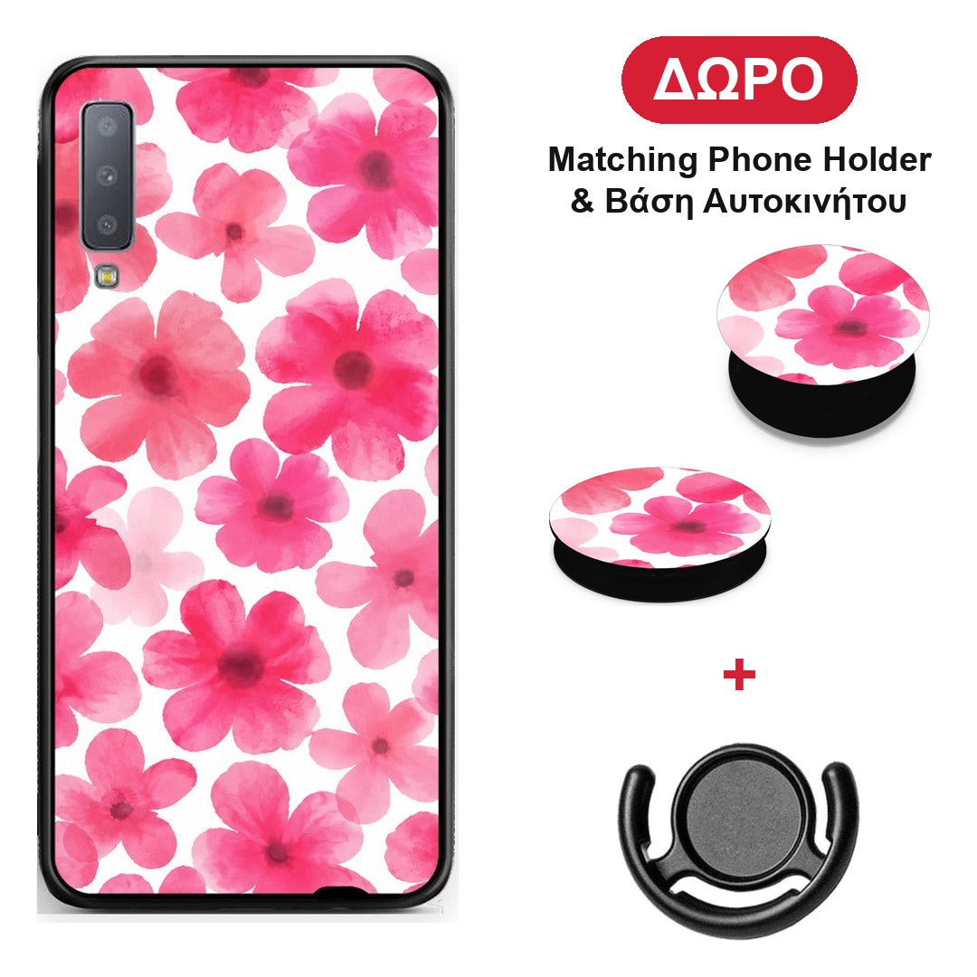 Pink Watercolour Flowers on White - Samsung Galaxy A7 2018 θήκη + Δώρο Phone Holder & Βάση Αυτοκινήτου