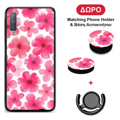 Pink Watercolour Flowers on White - Samsung Galaxy A7 2018 θήκη + Δώρο Phone Holder & Βάση Αυτοκινήτου