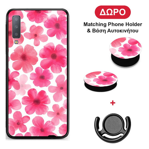 Pink Watercolour Flowers on White - Samsung Galaxy A7 2018 θήκη + Δώρο Phone Holder & Βάση Αυτοκινήτου