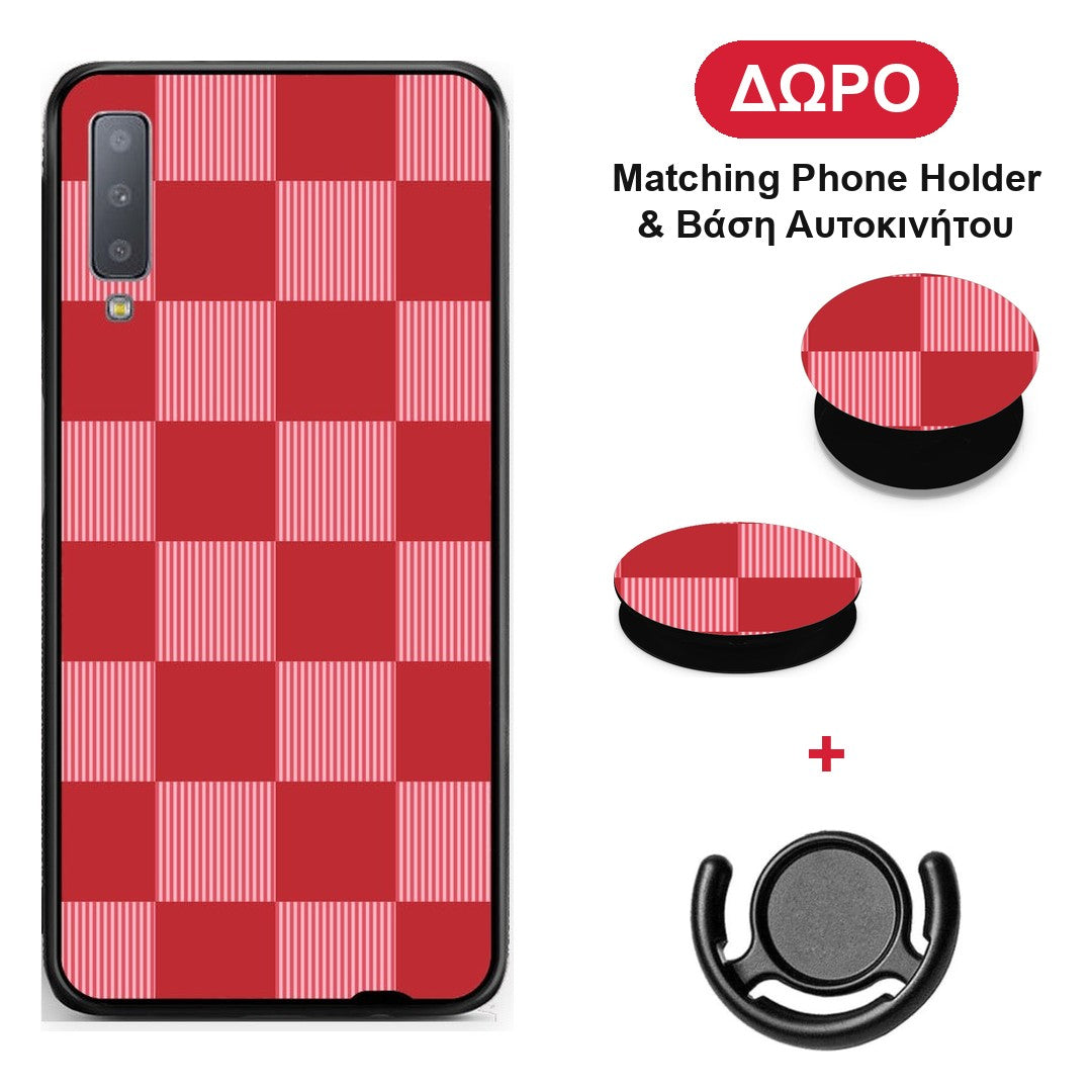 Red and Pink Striped Checks - Samsung Galaxy A7 2018 θήκη + Δώρο Phone Holder & Βάση Αυτοκινήτου