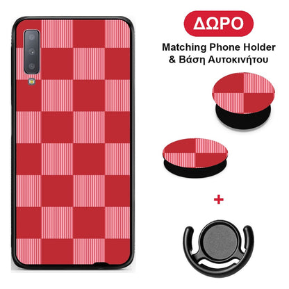 Red and Pink Striped Checks - Samsung Galaxy A7 2018 θήκη + Δώρο Phone Holder & Βάση Αυτοκινήτου