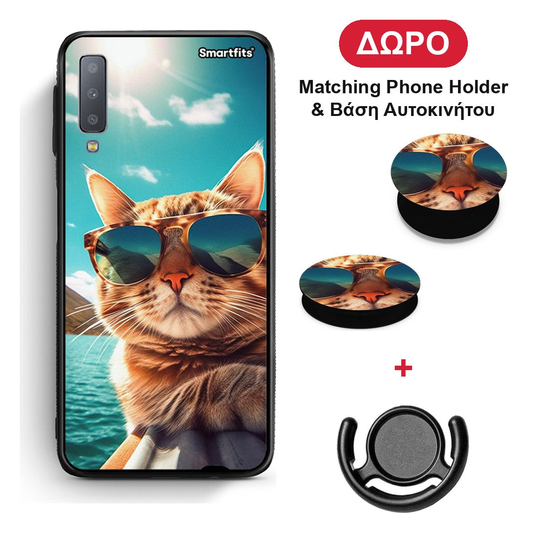 Summer Cat - Samsung Galaxy A7 2018 θήκη + Δώρο Phone Holder & Βάση Αυτοκινήτου