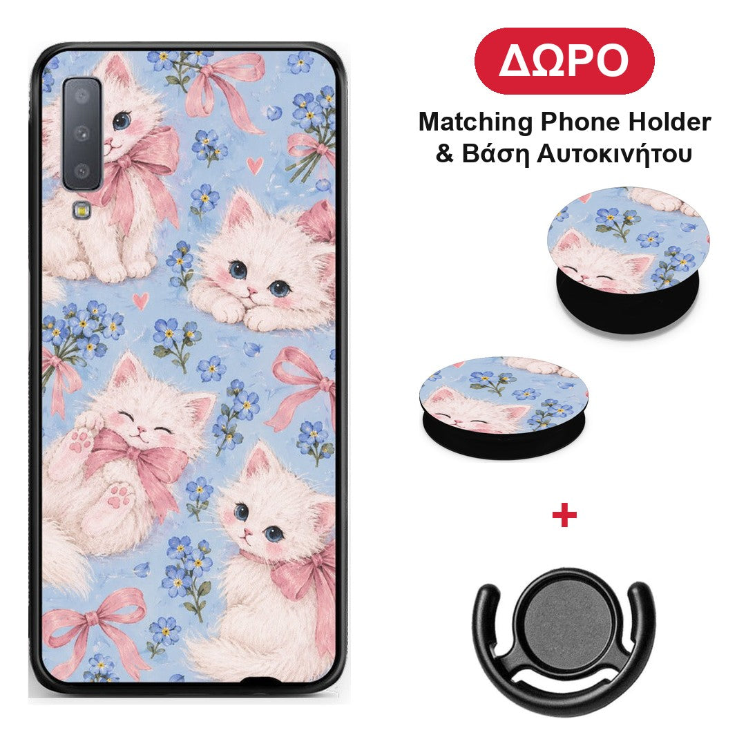 White Kittens and Blue Flowers Large - Samsung Galaxy A7 2018 θήκη + Δώρο Phone Holder & Βάση Αυτοκινήτου