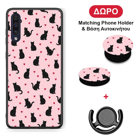 Black Cat Silhouettes and Hearts on Pink - Samsung Galaxy A70 θήκη + Δώρο Phone Holder & Βάση Αυτοκινήτου