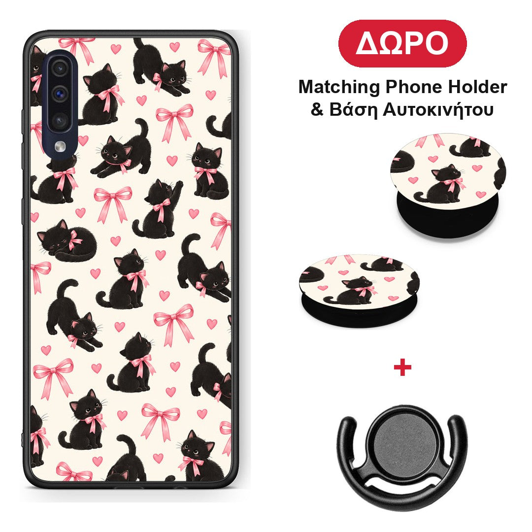 Black Kittens and Pink Bows on Cream Small - Samsung Galaxy A70 θήκη + Δώρο Phone Holder & Βάση Αυτοκινήτου