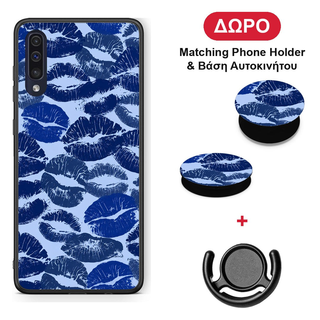Blue Lipstick Kisses - Samsung Galaxy A70 θήκη + Δώρο Phone Holder & Βάση Αυτοκινήτου
