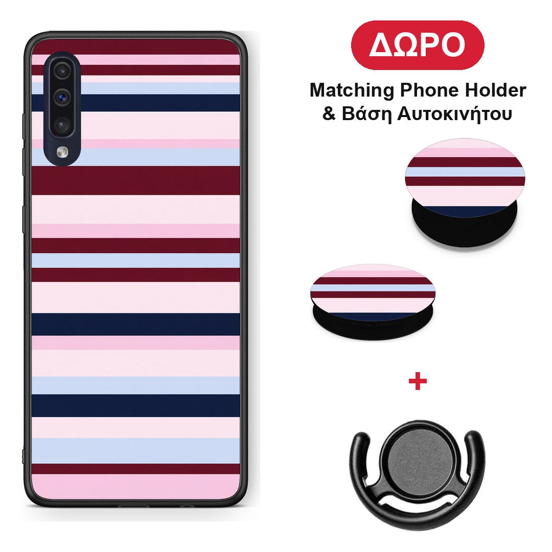 Burgundy Pink and Blue Horizontal Stripes - Samsung Galaxy A70 θήκη + Δώρο Phone Holder & Βάση Αυτοκινήτου