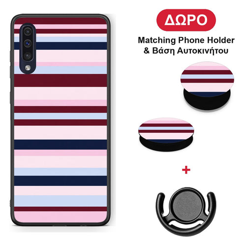 Burgundy Pink and Blue Horizontal Stripes - Samsung Galaxy A70 θήκη + Δώρο Phone Holder & Βάση Αυτοκινήτου