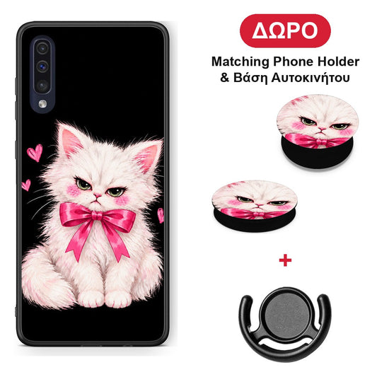 Grumpy Party Kitten on Black - Samsung Galaxy A70 θήκη + Δώρο Phone Holder & Βάση Αυτοκινήτου