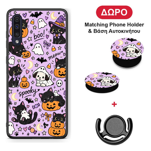 Halloween Black Cats on Lilac - Samsung Galaxy A70 θήκη + Δώρο Phone Holder & Βάση Αυτοκινήτου