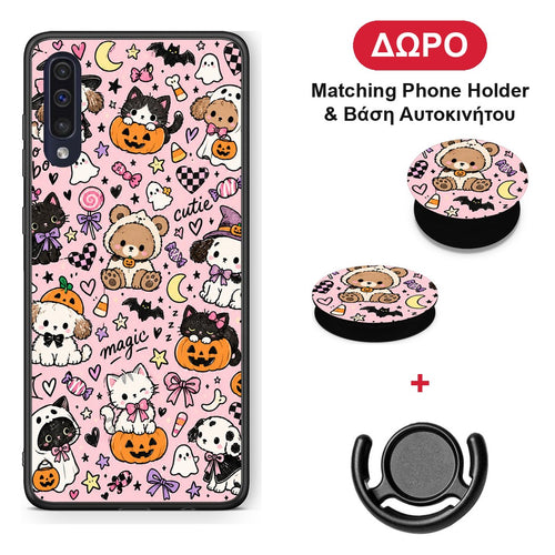 Halloween Cute Animals on Pink - Samsung Galaxy A70 θήκη + Δώρο Phone Holder & Βάση Αυτοκινήτου