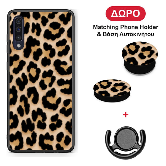 Leopard Print Tan Small - Samsung Galaxy A70 θήκη + Δώρο Phone Holder & Βάση Αυτοκινήτου