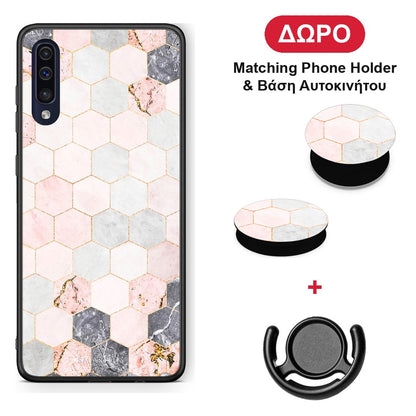 Marble Hexagon Pink - Samsung Galaxy A70 θήκη + Δώρο Phone Holder & Βάση Αυτοκινήτου