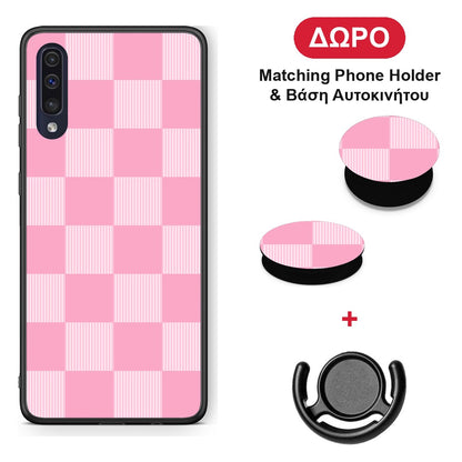 Pink and White Striped Checks - Samsung Galaxy A70 θήκη + Δώρο Phone Holder & Βάση Αυτοκινήτου