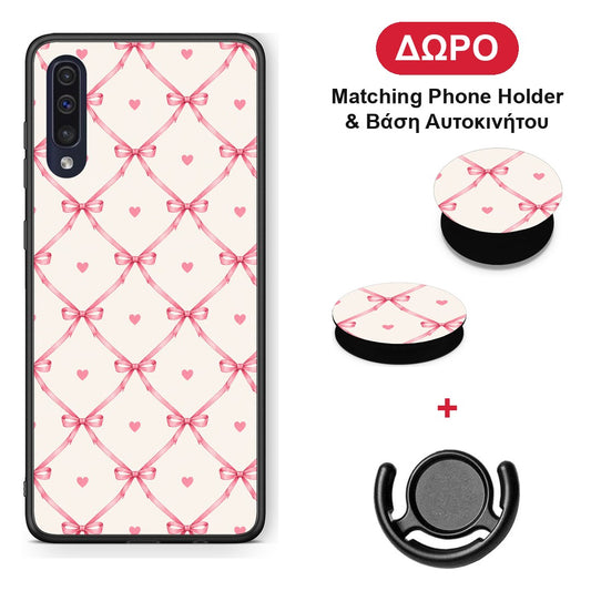 Pink Bow Lattice and Hearts on Cream - Samsung Galaxy A70 θήκη + Δώρο Phone Holder & Βάση Αυτοκινήτου
