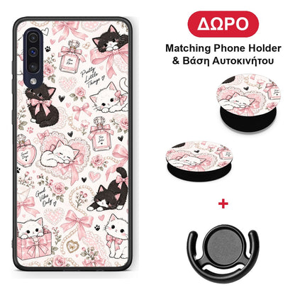 Pink Bows and Kittens Collage - Samsung Galaxy A70 θήκη + Δώρο Phone Holder & Βάση Αυτοκινήτου