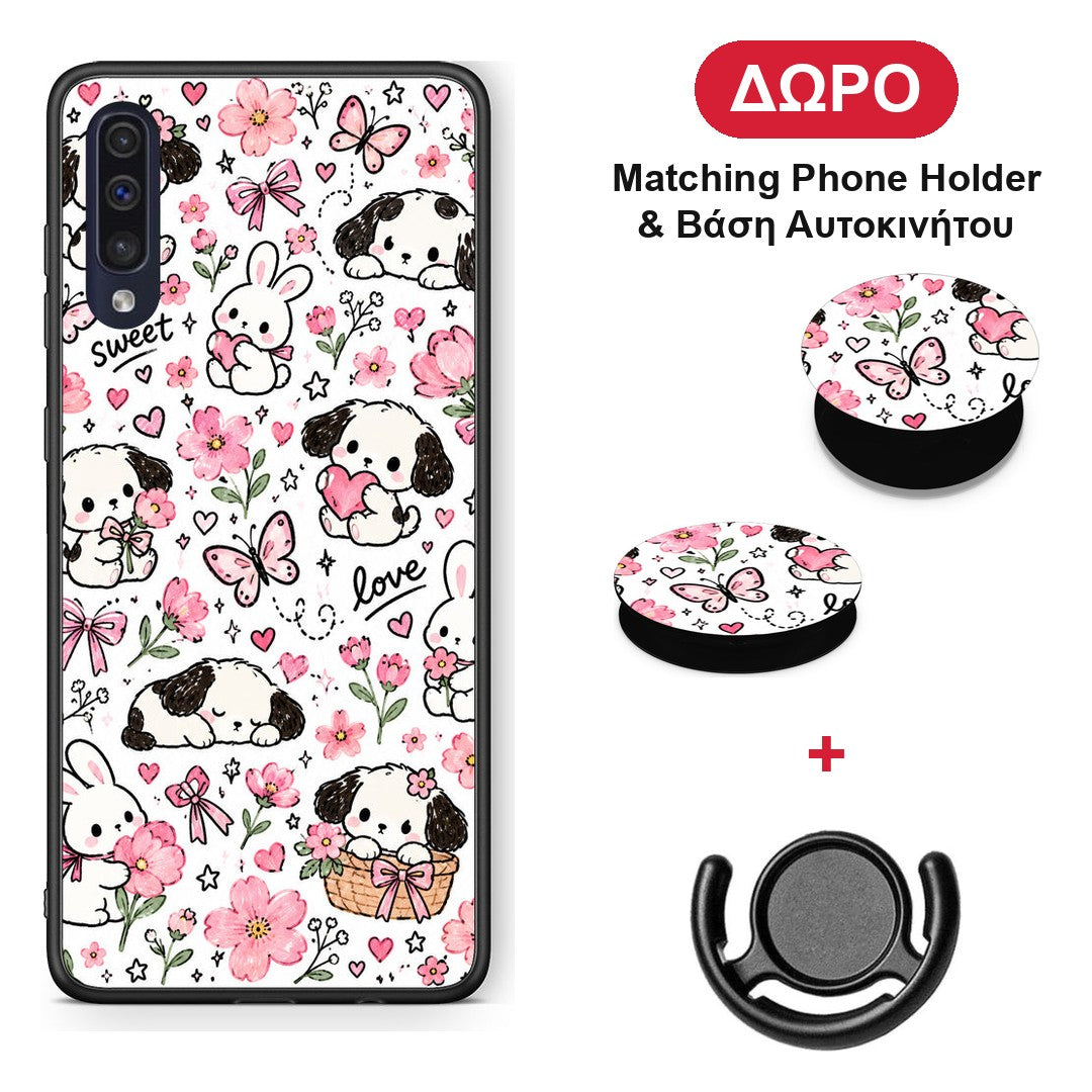 Pink Florals Puppies and Bunnies on White - Samsung Galaxy A70 θήκη + Δώρο Phone Holder & Βάση Αυτοκινήτου