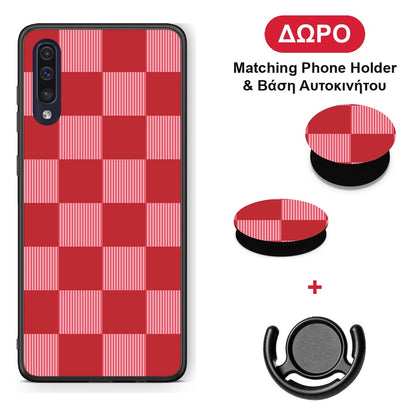 Red and Pink Striped Checks - Samsung Galaxy A70 θήκη + Δώρο Phone Holder & Βάση Αυτοκινήτου