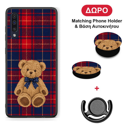 Teddy Bear on Red and Navy Tartan - Samsung Galaxy A70 θήκη + Δώρο Phone Holder & Βάση Αυτοκινήτου