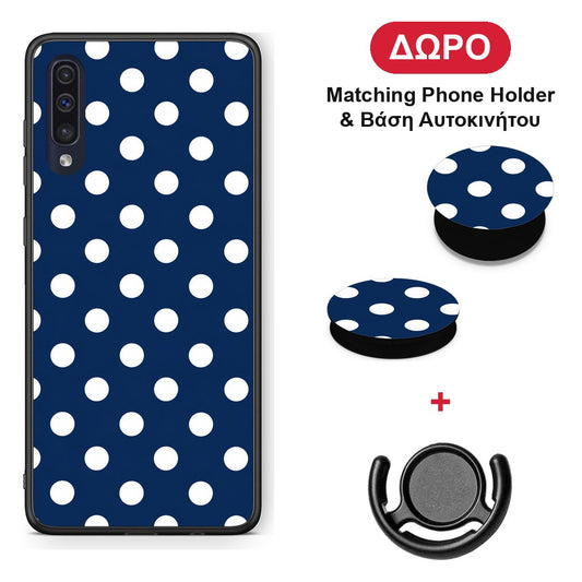 White Large Polka Dots on Navy - Samsung Galaxy A70 θήκη + Δώρο Phone Holder & Βάση Αυτοκινήτου