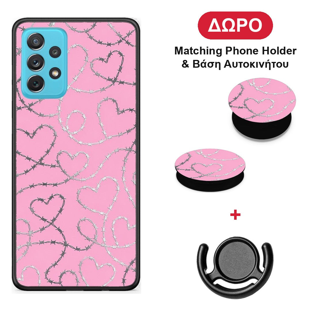 Barbed Wire Hearts on Pink - Samsung Galaxy A72 θήκη + Δώρο Phone Holder & Βάση Αυτοκινήτου