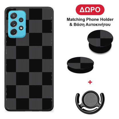 Black and Charcoal Striped Checks - Samsung Galaxy A72 θήκη + Δώρο Phone Holder & Βάση Αυτοκινήτου