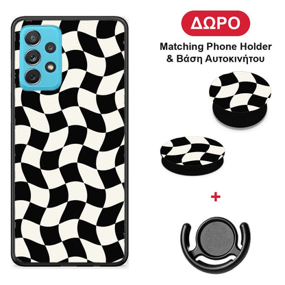 Black and Cream Wavy Checkerboard - Samsung Galaxy A72 θήκη + Δώρο Phone Holder & Βάση Αυτοκινήτου