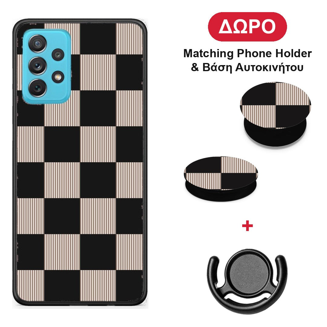 Black and Taupe Striped Checks - Samsung Galaxy A72 θήκη + Δώρο Phone Holder & Βάση Αυτοκινήτου