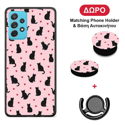Black Cat Silhouettes and Hearts on Pink - Samsung Galaxy A72 θήκη + Δώρο Phone Holder & Βάση Αυτοκινήτου
