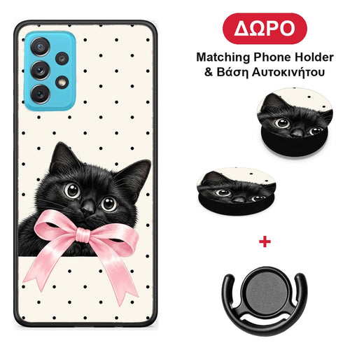 Black Kitten Pink Bow and Polka Dots - Samsung Galaxy A72 θήκη + Δώρο Phone Holder & Βάση Αυτοκινήτου