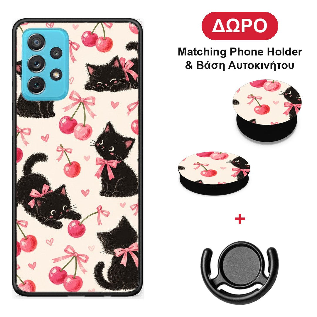 Black Kittens and Cherries on Cream - Samsung Galaxy A72 θήκη + Δώρο Phone Holder & Βάση Αυτοκινήτου
