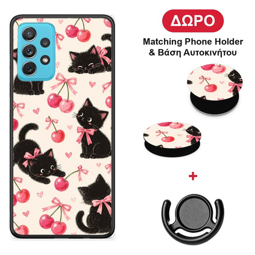 Black Kittens and Cherries on Cream - Samsung Galaxy A72 θήκη + Δώρο Phone Holder & Βάση Αυτοκινήτου