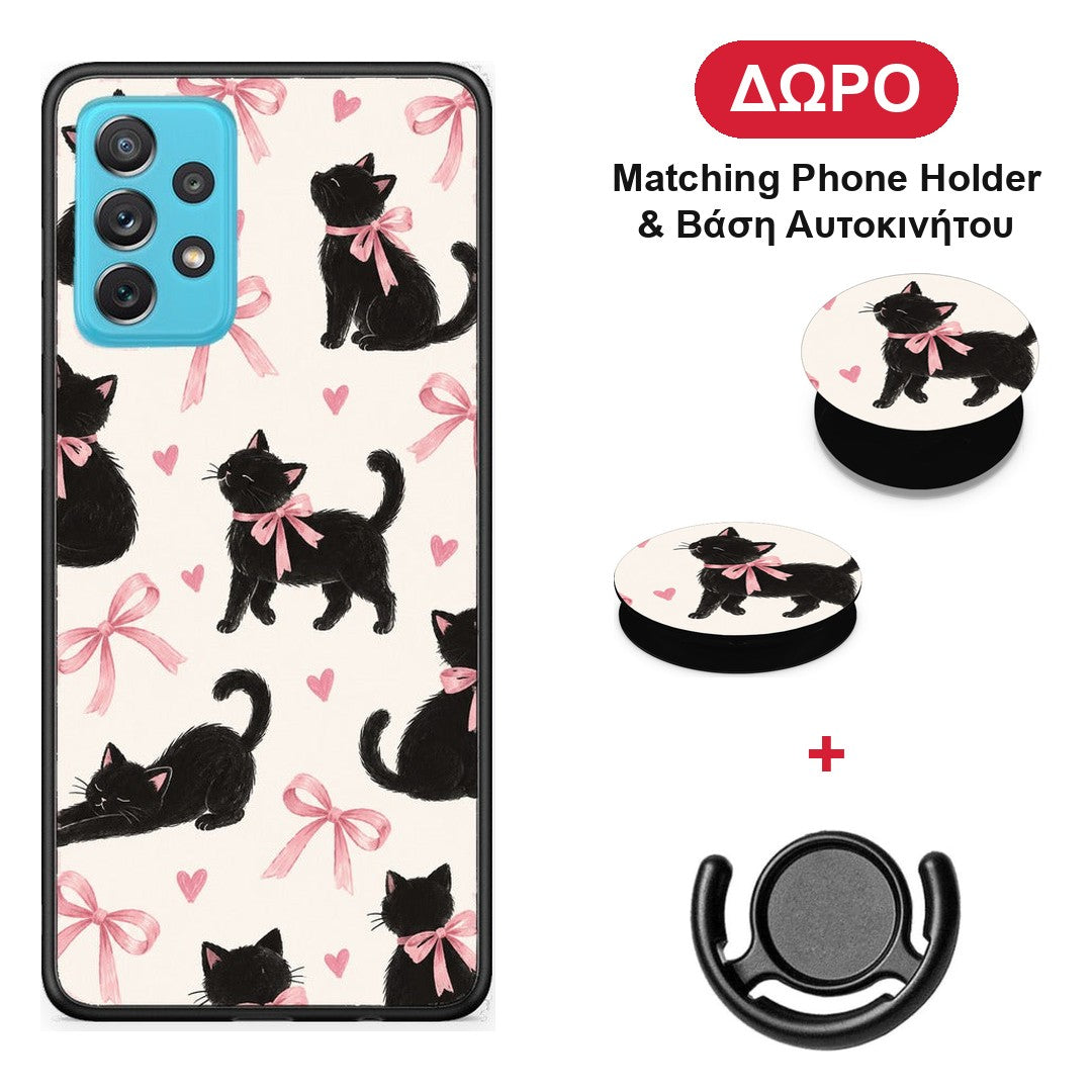 Black Kittens and Pink Bows on Cream Large - Samsung Galaxy A72 θήκη + Δώρο Phone Holder & Βάση Αυτοκινήτου