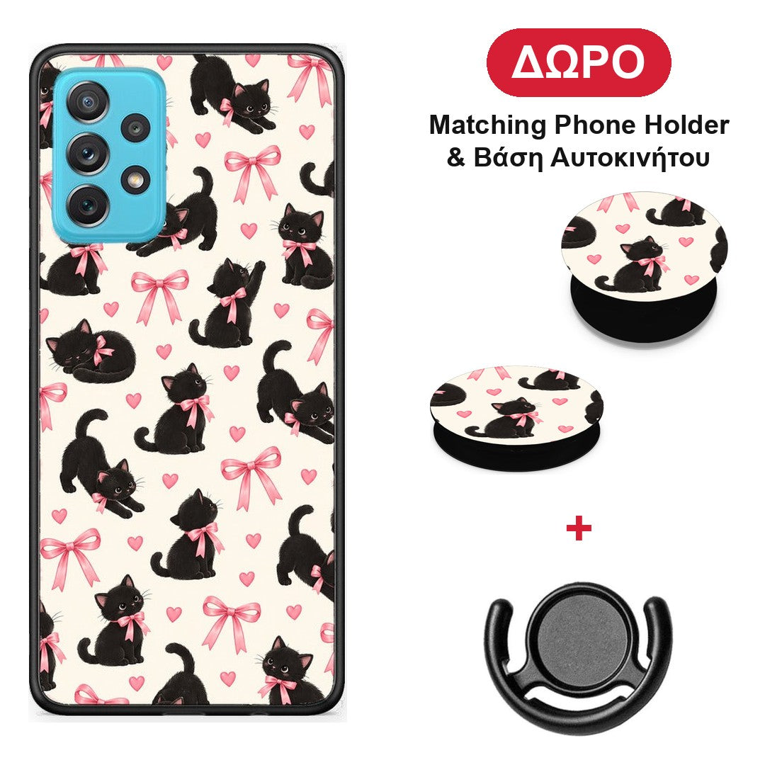 Black Kittens and Pink Bows on Cream Small - Samsung Galaxy A72 θήκη + Δώρο Phone Holder & Βάση Αυτοκινήτου