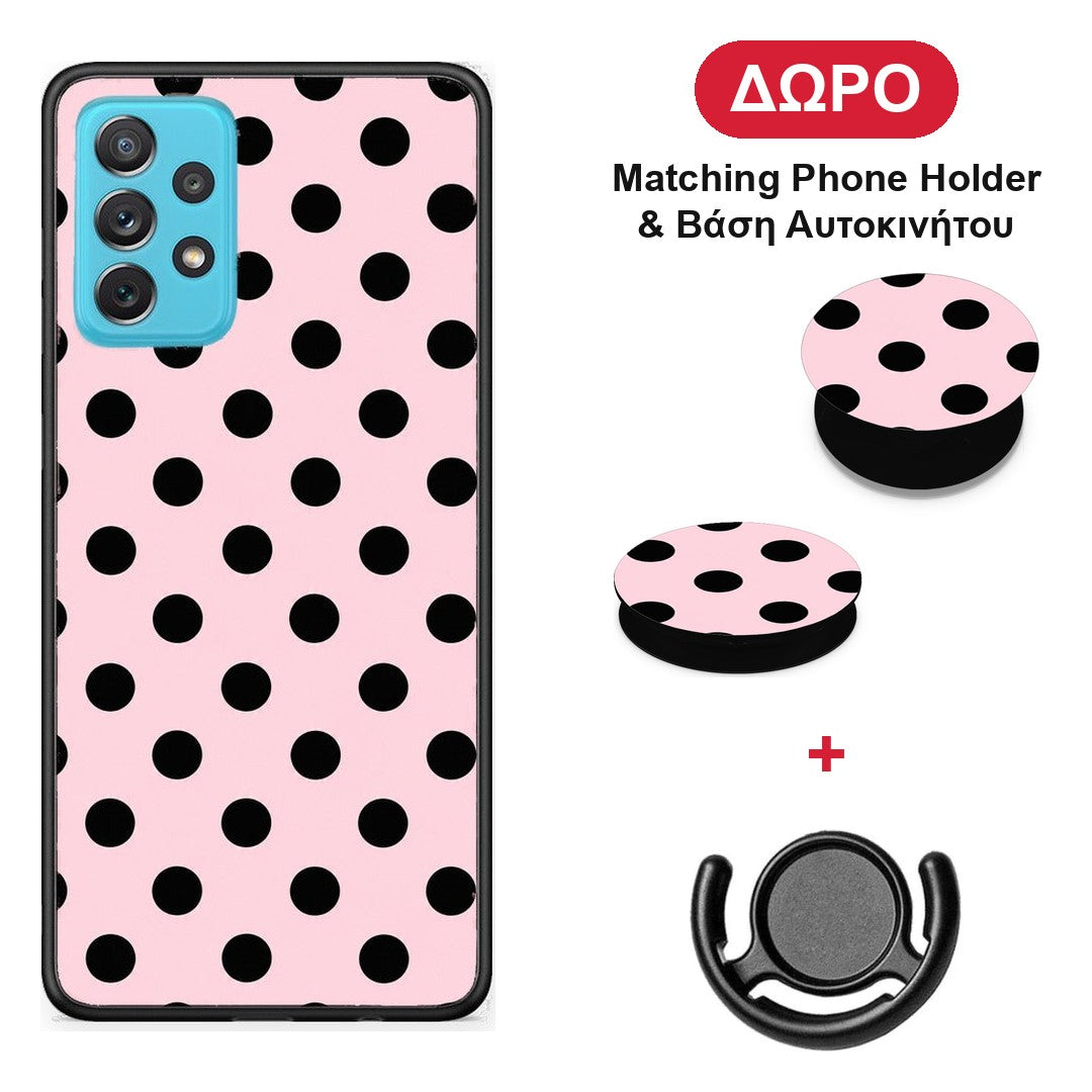 Black Polka Dots on Pink - Samsung Galaxy A72 θήκη + Δώρο Phone Holder & Βάση Αυτοκινήτου