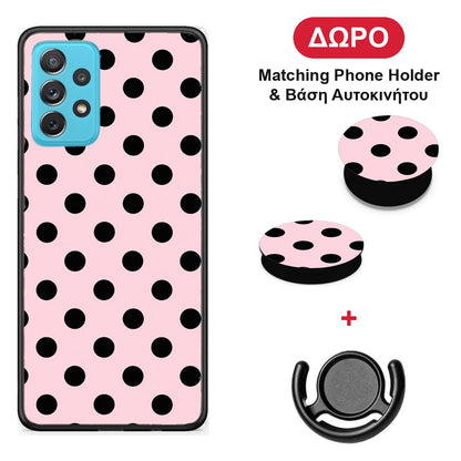 Black Polka Dots on Pink - Samsung Galaxy A72 θήκη + Δώρο Phone Holder & Βάση Αυτοκινήτου