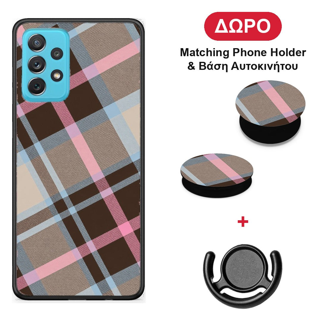 Brown Pink and Blue Diagonal Plaid - Samsung Galaxy A72 θήκη + Δώρο Phone Holder & Βάση Αυτοκινήτου