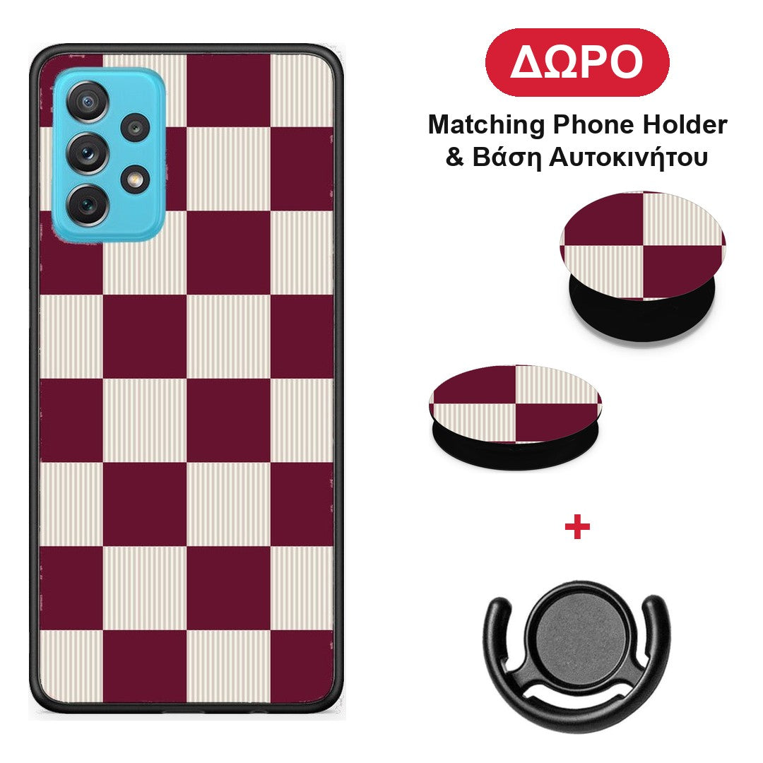 Burgundy and Cream Striped Checks - Samsung Galaxy A72 θήκη + Δώρο Phone Holder & Βάση Αυτοκινήτου