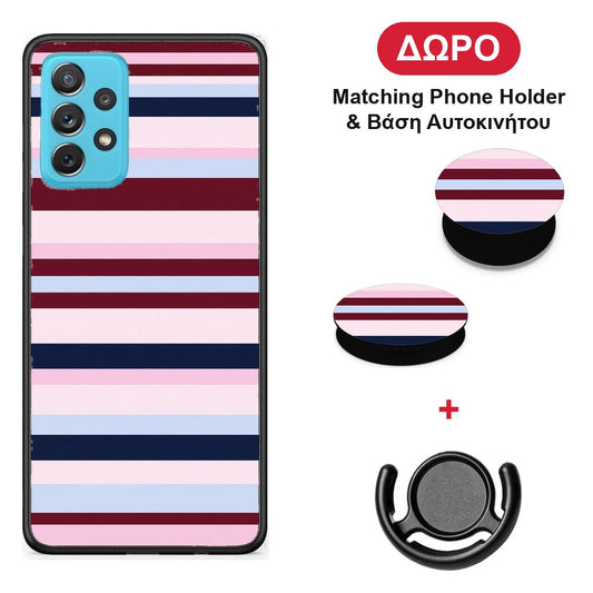 Burgundy Pink and Blue Horizontal Stripes - Samsung Galaxy A72 θήκη + Δώρο Phone Holder & Βάση Αυτοκινήτου