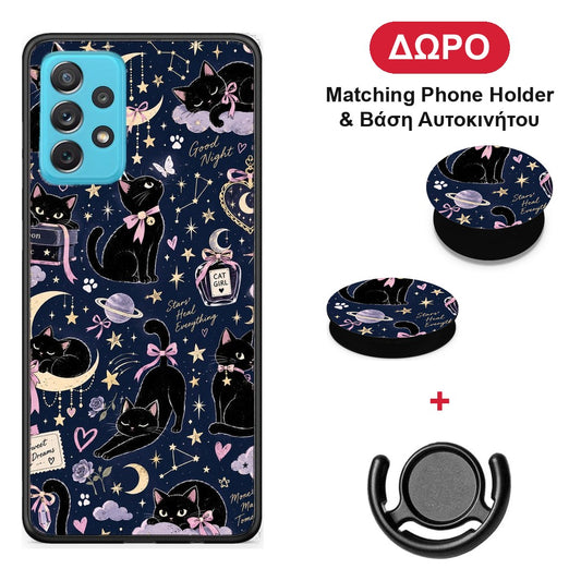 Celestial Black Cats on Navy - Samsung Galaxy A72 θήκη + Δώρο Phone Holder & Βάση Αυτοκινήτου