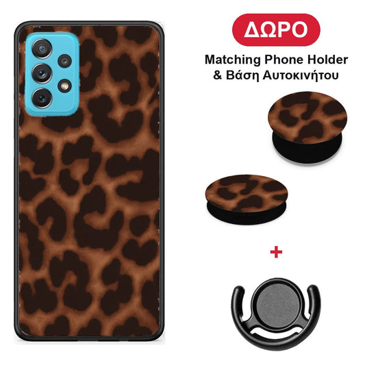 Leopard Print Dark Brown - Samsung Galaxy A72 θήκη + Δώρο Phone Holder & Βάση Αυτοκινήτου