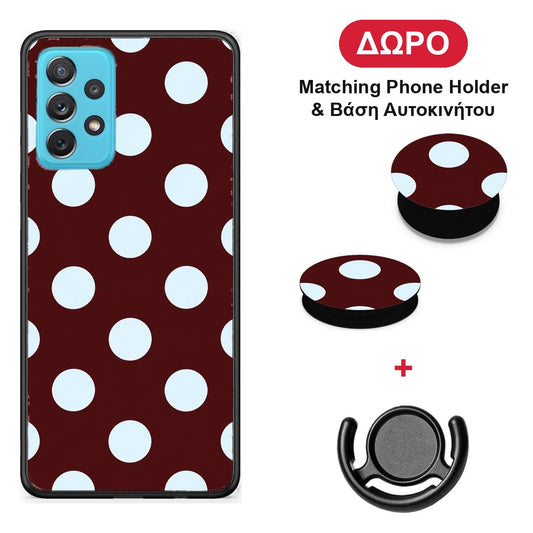 Pale Blue Large Polka Dots on Burgundy - Samsung Galaxy A72 θήκη + Δώρο Phone Holder & Βάση Αυτοκινήτου
