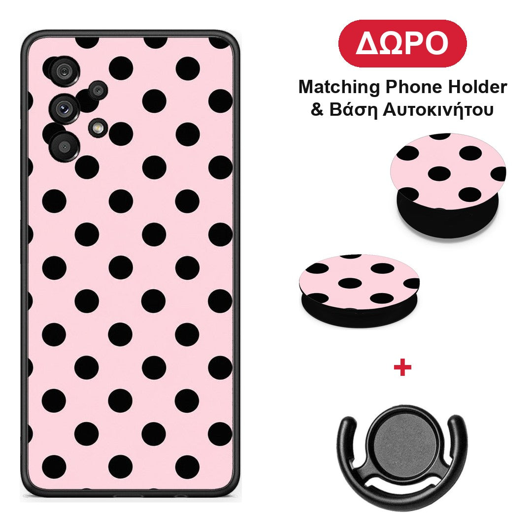 Black Polka Dots on Pink - Samsung Galaxy A73 5G θήκη + Δώρο Phone Holder & Βάση Αυτοκινήτου