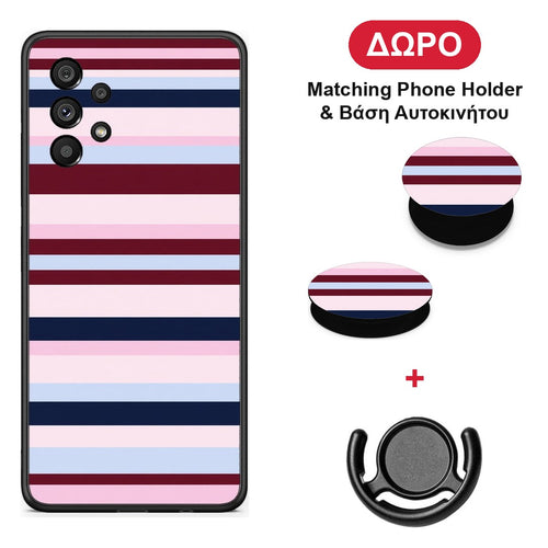 Burgundy Pink and Blue Horizontal Stripes - Samsung Galaxy A73 5G θήκη + Δώρο Phone Holder & Βάση Αυτοκινήτου