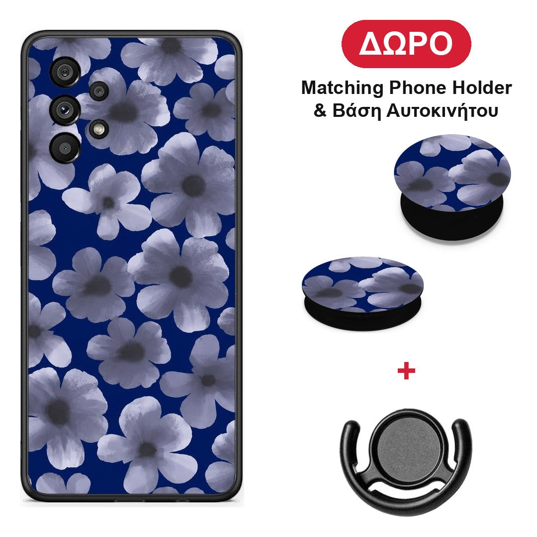 Pale Blue Flowers on Navy - Samsung Galaxy A73 5G θήκη + Δώρο Phone Holder & Βάση Αυτοκινήτου